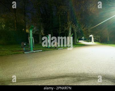 Un parco notturno illuminato da un luminoso bagliore, pieno di attrezzature per il fitness e alberi e piante lussureggianti. Foto Stock