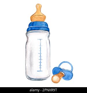 Biberon e succhietto blu. Latte in polvere per neonati. Neonato.  Illustrazione di acquerello disegnata a mano isolata su sfondo bianco. Per  l'acquazzone del bambino, il sesso p Foto stock - Alamy