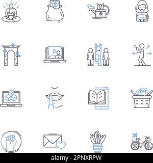 Collezione di icone della linea del tempo libero. Relax, tempo libero, Hobby, tempo libero, intrattenimento, Divertimento, vettore tempo libero e illustrazione lineare Illustrazione Vettoriale