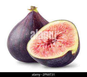 Figg. Isolate. Fichi interi e semi isolati su sfondo bianco, con percorso di ritaglio Foto Stock