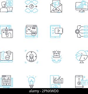 Set di icone lineari per la strategia del marchio. Posizionamento, identità, differenziazione, percezione, storytelling, Coerenza, vettore di linea di autenticità e concetto Illustrazione Vettoriale