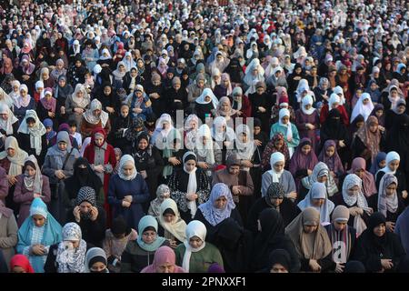 Gaza Stadt, territori Palestinesi. 21st Apr, 2023. I musulmani palestinesi eseguono la preghiera dell'Eid al-Fitr in Piazza al-Saraya. EID al-Fitr, la festa di rompere il digiuno, segna la fine del mese santo di Ramadan. Credit: Mohammed Talatene/dpa/Alamy Live News Foto Stock