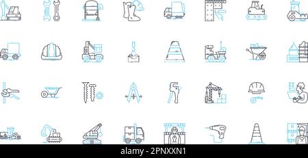 Set di icone lineari per costruzione robusta. Durevole, resistente, robusto, affidabile, resistente, Segni di concetto e vettori di linea solidi e resilienti. Stabile, stabile, sicuro Illustrazione Vettoriale