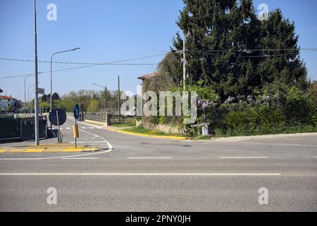 Siepe con glicine che cresce su di esso da un incrocio in una strada di campagna Foto Stock