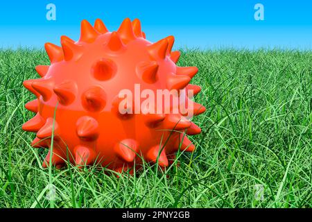 Palla spiky per il massaggio o giocattolo per gli animali sull'erba verde contro il cielo blu, rendering 3D Foto Stock