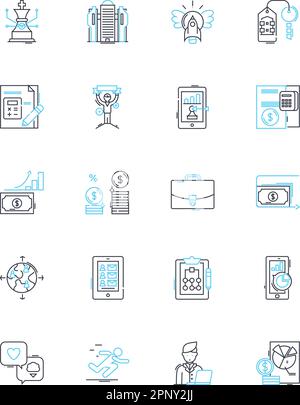 Set di icone lineari per la gestione delle risorse. Investimenti, portafoglio, diversificazione, titoli, finanziario, Rischio, vettore di linea di analisi e segnali concettuali Illustrazione Vettoriale