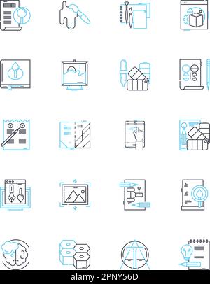 Set di icone lineari per studio d'arte. Creatività, tela, pitture, Easel, palette, Pennelli, vettore di linea di inspirazione e segnali concettuali. Scultura,Galleria,colore Illustrazione Vettoriale