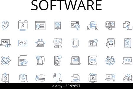 Raccolta di icone della riga software. Hardware, tecnologia, programma, applicazione, Codebase, Piattaforma, vettore di sistema e illustrazione lineare. Firmware Illustrazione Vettoriale