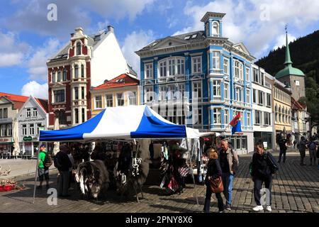 Delle bancarelle che vendono prodotti turistici, la piazza del mercato dalla Vagen, città di Bergen, Hordaland, Norvegia, Scandinavia, Europa Foto Stock