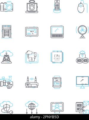 Icone lineari delle parti del computer. Scheda madre, processore, scheda grafica, RAM, disco rigido, SSD, vettore di linea di alimentazione e segnali concettuali. Ventole, raffreddamento Illustrazione Vettoriale