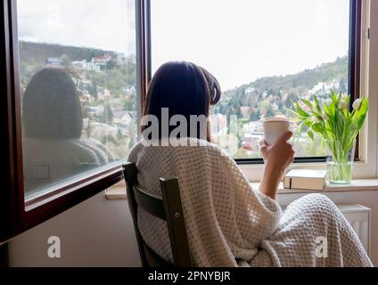 Una donna siede accanto alla finestra - studi, lavori, letture, bevande caffè Foto Stock