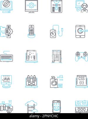 Set di icone lineari per l'elaborazione artificiale. Neurale, algoritmo, automazione, robotica, apprendimento automatico, Analisi, vettore di linea di data mining e segnali concettuali Illustrazione Vettoriale