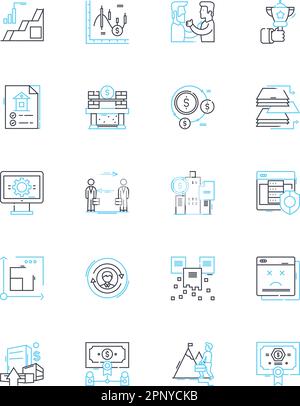 Indicatori economici icone lineari set. Inflazione, occupazione, PIL, tassi di interesse, spesa al consumo, Mercato azionario, vettore di linea di risparmio e concetto Illustrazione Vettoriale