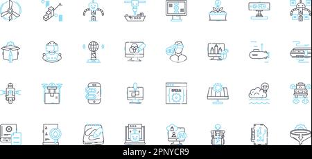 Set di icone lineari per macchine indipendenti. Autonomia, autosufficiente, senza supervisione, indipendente, automatizzato, Vettore di linea meccanizzato e autonomo e. Illustrazione Vettoriale
