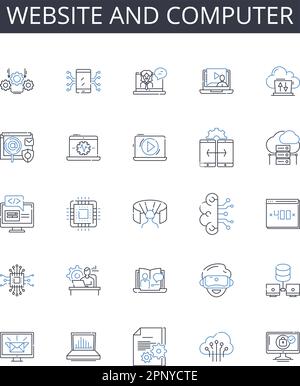 Collezione di icone di linea di computer e siti Web. Sito Web, pagina Web, piattaforma online, sito Internet, spazio virtuale, Cyber Portal, Digital Destination Vector Illustrazione Vettoriale