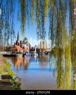 Vista da sotto un albero di salice del Tamigi ad Abingdon in una bella primavera mattina. Siamo sulla riva nord del fiume, guardando a valle verso S Foto Stock