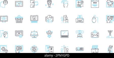 Set di icone lineari per ingegneria software. Codifica, algoritmi, test, distribuzione, documentazione, Refactoring, vettore di linea di architettura e segnaletica concettuale Illustrazione Vettoriale