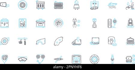 Set di icone lineari di riparazione del veicolo. Freno, motore, trasmissione, sospensione, batteria, Alternatore, vettore di linea del radiatore e segnali concettuali. Scarico, frizione Illustrazione Vettoriale