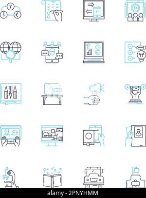 Set di icone lineari per la formazione aziendale. Sviluppo, crescita, apprendimento, successo, lavoro di squadra, Adattabilità, vettore di linea di comunicazione e segnali concettuali Illustrazione Vettoriale