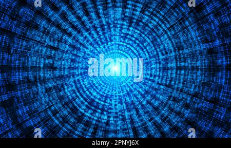 Background di codice binario, una sequenza di zero e un numero come linee di velocità a un punto di fuga su uno sfondo blu. Numeri della matrice del calcolatore. T Foto Stock