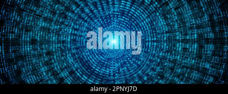 Background di codice binario, una sequenza di zero e un numero come linee di velocità a un punto di fuga su uno sfondo blu. Numeri della matrice del calcolatore. T Foto Stock