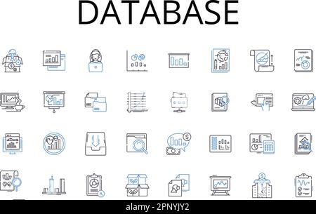 Raccolta di icone della riga del database. Sistema di memorizzazione dati, software di gestione dati, repository digitale, Information warehouse, strumento di gestione dei record Illustrazione Vettoriale