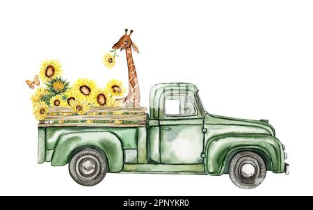 Composizione acquerello con girasoli e macchina da fattoria. Farfalle in cartoon style.Hand disegnata illustrazione di estate. Perfetto per scrapbooking. Foto Stock