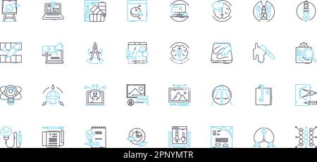 Set di icone lineari per studio d'arte. Creatività, tela, pitture, Easel, palette, Pennelli, vettore di linea di inspirazione e segnali concettuali. Scultura,Galleria,colore Illustrazione Vettoriale