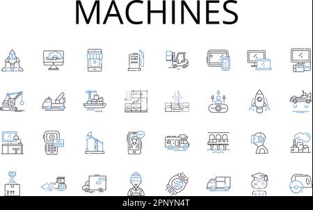 Collezione di icone della linea delle macchine. Gearworks, Automaton, meccanismi, contrazioni, robotica, Motori, apparati vettoriali e lineari Illustrazione Vettoriale