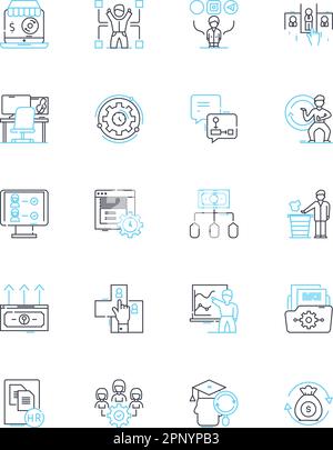 Set di icone lineari per l'acquisizione di talenti. Reclutamento, assunzione, selezione, approvvigionamento, screening, Segnaletica di valutazione, vettore di linea d'imbarco e di concetto. Ritenzione Illustrazione Vettoriale
