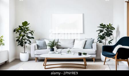 Cornice in tela mockup sulla parete. Soggiorno scandinavo con una grande sagoma di un dipinto sulla parete. Design semplice con materiale naturale Foto Stock