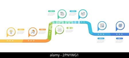 Modello infografico per le aziende. 7 passi Modern Timeline Diagram con concetto di viaggio su strada, presentazione di un'infografica vettoriale. Illustrazione Vettoriale