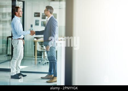 Scuotere ad una fusione riuscita. due uomini d'affari che scuotono le mani in un ufficio. Foto Stock
