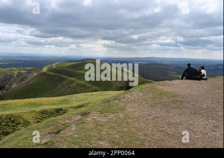 Vista nord dalla parte Herefordshire Beacon delle colline di Malvern, Worcestershire Foto Stock