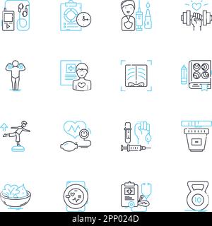 Icone lineari per il benessere. Felicità, salute, pace, consapevolezza, equilibrio, Serenità, calma, linee vettoriali e segnali concettuali. Gratitudine, ottimismo Illustrazione Vettoriale