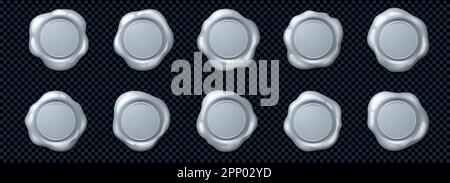 Sigilli in cera d'argento, francobolli per certificati, garanzia di qualità, lettere. Stemmi tondi in cera metallica, etichette medievali vintage, illustri realistici del vettore Illustrazione Vettoriale