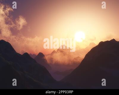 3D resa di una catena montuosa contro il cielo del tramonto con nuvole basse Foto Stock