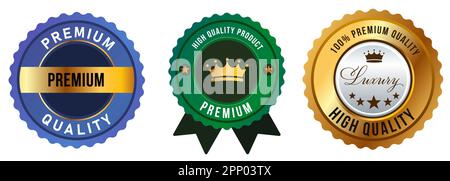 Emblema di alta qualità Set di icone blu dorato e verde simbolo rotondo Illustrazione Vettoriale