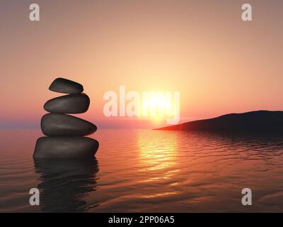3D resa di un paesaggio con ciottoli equilibrati nel mare del tramonto Foto Stock