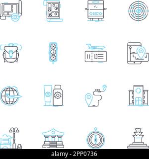 Set di icone lineari del modello della città. Pianificazione, infrastruttura, zoning, strade, traffico, Utenze, linee vettoriali residenziali e segnaletica concettuale. Commerciale Illustrazione Vettoriale