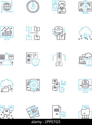 Set di icone lineari per informazioni sui consumatori. Comportamento, preferenza, percezione, tendenza, dati demografici, Mercato, linee di ricerca vettoriali e segnali concettuali. Feedback Illustrazione Vettoriale