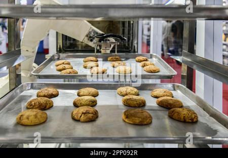 Braccio robot preparazione biscotti per il forno in linea di produzione fabbrica, produzione alimentare industriale. Foto Stock