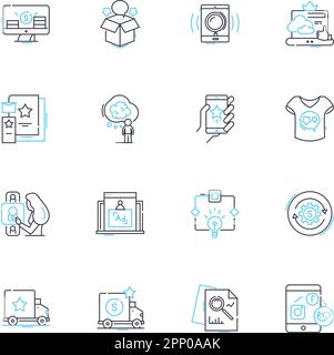 Set di icone lineari del comportamento del consumatore. Influenza, percezione, preferenza, atteggiamento, motivazione, Decision-making, vettore di linea di lealtà e segnali di concetto Illustrazione Vettoriale