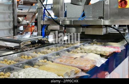 Pollo automatico, maiale, fette di carne fresca, linea di produzione alimentare su nastro trasportatore macchinari in fabbrica, produzione alimentare industriale Foto Stock