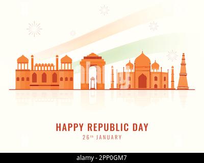 26th gennaio, concetto di Happy Republic Day con l'India famoso Monumento contro sfondo bianco. Illustrazione Vettoriale