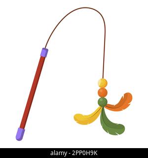 Bacchetta coibentata con piume e soffici palle multicolore su una lunga stringa per i giochi di gattino. Illustrazione Vettoriale