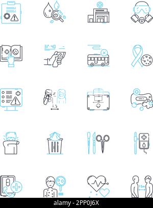 Set di icone lineari teleHealth. Remoto, virtuale, online, monitoraggio remoto, Video, Teleconsulto, vettore di linea telemedicina e segnali concettuali. Distanza Illustrazione Vettoriale