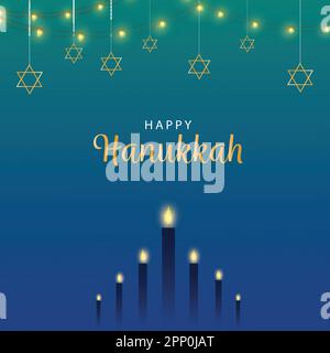 Scritta Happy Hanukkah con candele illuminate, Stella di David Hang, Garland illuminazione decorato su sfondo blu e verde sfumato. Illustrazione Vettoriale