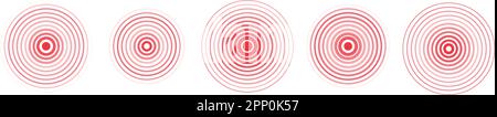 Cerchio rosso terremoto icona set. Grafico a vibrazione circolare o radar di allarme rosso. Illustrazione con isolamento vettoriale Illustrazione Vettoriale