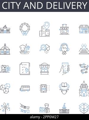 Collezione icone città e linea di consegna. Metropolitan, Urban, Municipal, Town, Village, Suburb, vettore di quartiere e illustrazione lineare. Posizione Illustrazione Vettoriale